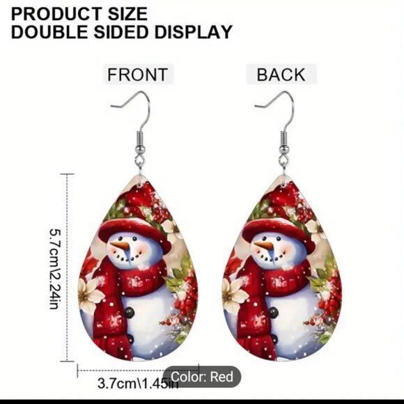Earrings Christmas snowman berries teardrop faux leather new e66 - Picture 2 of 3